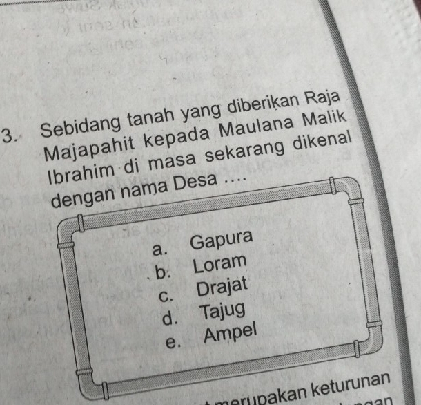 Sebidang tanah yang diberikan Raja
Majapahit kepada Maulana Malik
Ibrahim di masa sekarang dikenal
dengan nama Desa ....
a. Gapura
b. Loram
c. Drajat
d. Tajug
e. Ampel
merüpakan keturunan