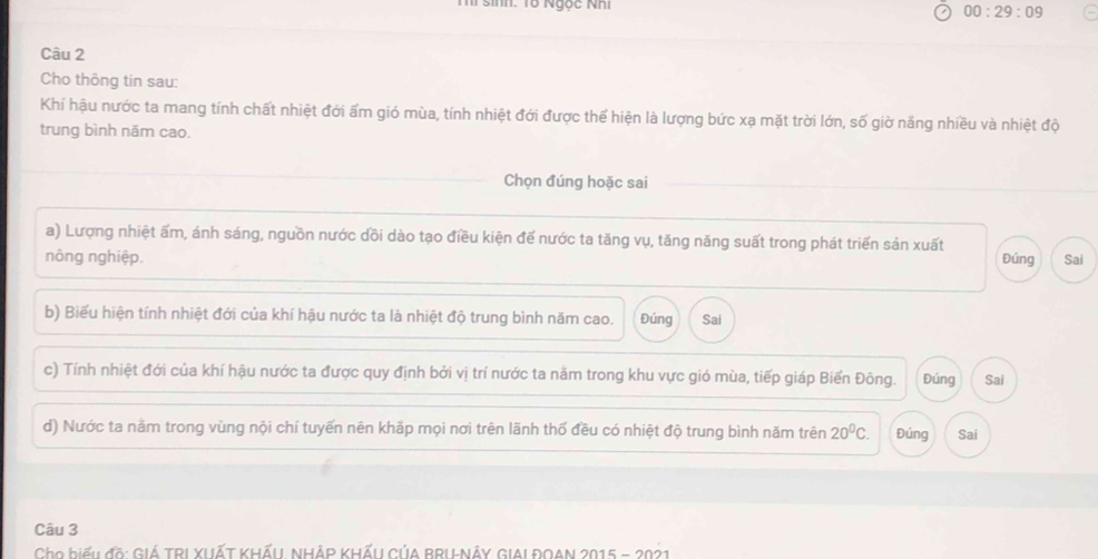 Tí sinh: Tổ Ngọc Nhi
00:29:09 
Câu 2
Cho thông tin sau:
Khí hậu nước ta mang tính chất nhiệt đới ấm gió mùa, tính nhiệt đới được thể hiện là lượng bức xạ mặt trời lớn, số giờ năng nhiều và nhiệt độ
trung bình năm cao.
Chọn đúng hoặc sai
a) Lượng nhiệt ấm, ánh sáng, nguồn nước dồi dào tạo điều kiện đế nước ta tăng vụ, tăng năng suất trong phát triển sản xuất
nông nghiệp. Đúng Sai
b) Biểu hiện tính nhiệt đới của khí hậu nước ta là nhiệt độ trung bình năm cao. Đúng Sai
c) Tính nhiệt đới của khí hậu nước ta được quy định bởi vị trí nước ta nằm trong khu vực gió mùa, tiếp giáp Biển Đông. Đúng Sai
d) Nước ta năm trong vùng nội chí tuyến nên khấp mọi nơi trên lãnh thố đều có nhiệt độ trung bình năm trên 20^0C. Đúng Sai
Câu 3
Cho biểu đô: Giá TRI XUấT KHẤU NHẢP KHẤU CủA BRINẢY GIAL ĐOAN 2015 - 2021