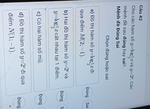 Cho các hàm số y=log  1/2 x và y=2^x. Các 
mệnh đề sau đúng hay sai?. 
Mệnh đề Đúng Sai 
Chọn đúng hoặc sai 
a) Đồ thị hàm số y=log  1/2 x - ti 
Đúng Sai 
qua điểm M(2;-1). 
b) Hai đồ thị hàm số y=2^x và 
Đúng S
y=log  1/2 x cắt nhau tại 1 điểm. 
c) Có hai hàm số mũ. Đúng 
d) Đồ thị hàm số y=2^x đi qua Đúng 
điểm N(1;-1).