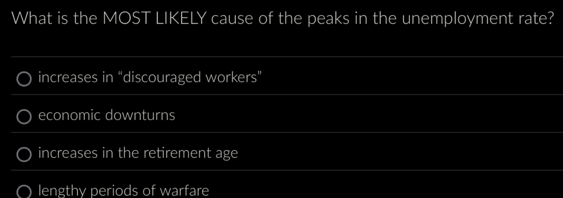 What is the MOST LIKELY cause of the peaks in the unemployment rate?
increases in “discouraged workers”
economic downturns
increases in the retirement age
lengthy periods of warfare