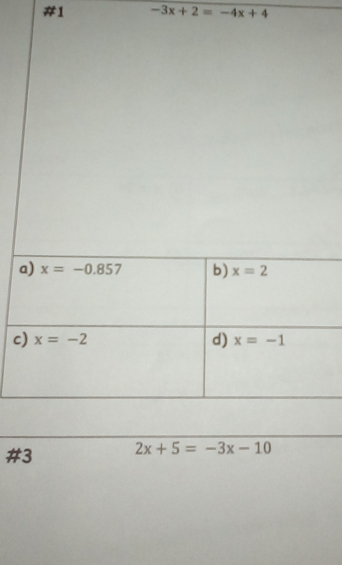 #1
-3x+2=-4x+4
a
c
#3