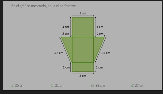 En el gráfico mostrado, halla el perímetro:
a) 35 cm b) 21 cm c) 33 cm d) 27 cm