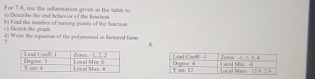 For 7-8, use the information given in the table to: 
a) Describe the end behavioe of the fanction 
b) Find the number of turning points of the function 
c) Sketch the graph 
d) Wrise the equation of the polynomial in factored form 
1. 
8.