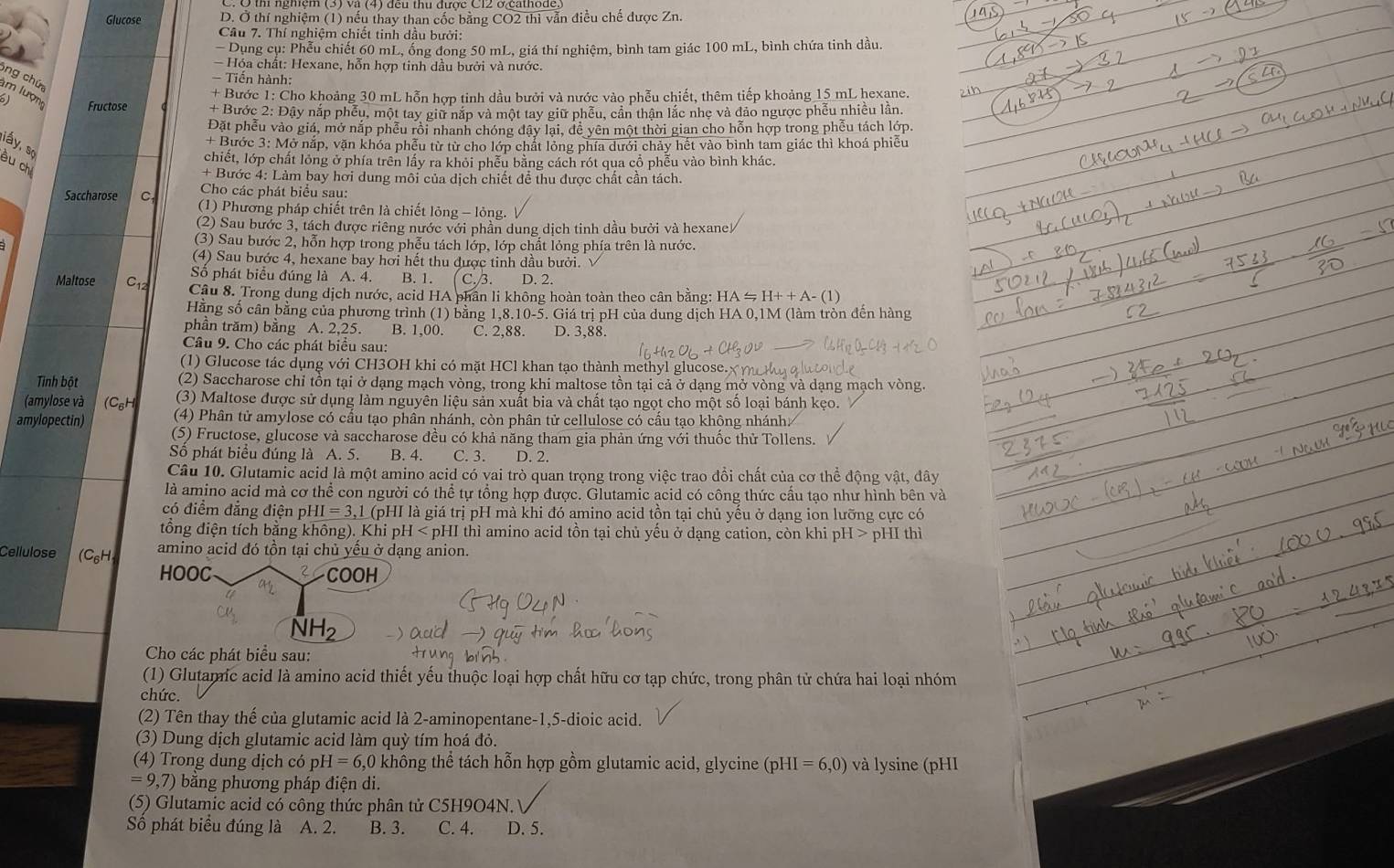 Glucose D. Ở thí nghiệm (1) nếu thay than cốc bằng CO2 thì vẫn điều chế được Zn.
Câu 7. Thí nghiệm chiết tinh dầu bưới:
- Dụng cụ: Phễu chiết 60 mL, ống đong 50 mL, giá thí nghiệm, bình tam giác 100 mL, bình chứa tinh dầu.
Hóa chất: Hexane, hỗn hợp tinh dầu bưởi và nước.
Tiến hành:
+ Bước 1: Cho khoảng 30 mL hỗn hợp tinh dầu bưởi và nước vào phễu chiết, thêm tiếp khoảng 15 mL hexane.
ng chứa m lượng Fructose + Bước 2: Đây nắp phếu, một tay giữ nặp và một tay giữ phêu, cần thận lắc nhẹ và đảo ngược phếu nhiều lần.
Đặt phễu vào giá, mở nắp phễu rồi nhanh chóng đây lại, dễ yên một thời gian cho hỗn hợp trong phễu tách lớp.
+ Bước 3: Mở nắp, vặn khóa phễu từ từ cho lớp chất lỏng phía dưới chảy hết vào bình tam giác thì khoá phiễu
liấy, sọ
chiết, lớp chất lỏng ở phía trên lấy ra khỏi phếu bằng cách rót qua cổ phếu vào bình khác.
ầu chí
+ Bước 4: Làm bay hơi dung môi của dịch chiết để thu được chất cần tách.
Cho các phát biểu sau:
Saccharose Ct  (1) Phương pháp chiết trên là chiết lỏng - lỏng. V
(2) Sau bước 3, tách được riêng nước với phần dung dịch tinh dầu bưởi và hexane
(3) Sau bước 2, hỗn hợp trong phễu tách lớp, lớp chất lỏng phía trên là nước.
(4) Sau bước 4, hexane bay hơi hết thu được tinh dầu bưởi.
Số phát biểu đúng là A. 4. B. 1. C.3. D. 2.
Maltose C12 Cậu 8. Trong dung dịch nước, acid HA phân li không hoàn toàn theo cân bằng: HA=H++A-(1)
Hằng số cân bằng của phương trình (1) bằng 1,8.10-5. Giá trị pH của dung dịch HA 0,1M (làm tròn đến hàng
phần trăm) bằng A. 2,25. B. 1,00. C. 2,88. D. 3,88.
Câu 9. Cho các phát biểu sau:
(1) Glucose tác dụng với CH3OH khi có mặt HCl khan tạo thành methyl glucose.
Tình bột (2) Saccharose chi tồn tại ở dạng mạch vòng, trong khi maltose tồn tại cả ở dạng mở vòng và dạng mạch vòng.
(amylose và (C6h (3) Maltose được sử dụng làm nguyên liệu sản xuất bia và chất tạo ngọt cho một số loại bánh kẹo.
(4) Phân tử amylose có cấu tạo phân nhánh, còn phân tử cellulose có cấu tạo không nhánh:
amylopectin) (5) Fructose, glucose và saccharose đều có khả năng tham gia phản ứng với thuốc thử Tollens.
Số phát biểu đúng là A. 5. B. 4. C. 3. D. 2.
Câu 10. Glutamic acid là một amino acid có vai trò quan trọng trong việc trao đồi chất của cơ thể động vật, đây
là amino acid mà cơ thể con người có thể tự tổng hợp được. Glutamic acid có công thức cấu tạo như hình bên và
có điểm đẳng điện pHI = 3,1 (pHI là giá trị pH mà khi đó amino acid tồn tại chủ yếu ở dạng ion lưỡng cực có
tổng điện tích bằng không). Khi p oH amino acid tồn tại chủ yếu ở dạng cation, còn khi pH > pHI thì
Cellulose (C_6H amino acid đó tồn tại chủ yểu ở dạng anion.
HOOC COOH
IH_2
Cho các phát biểu sau:
(1) Glutamic acid là amino acid thiết yếu thuộc loại hợp chất hữu cơ tạp chức, trong phân tử chứa hai loại nhóm
chức.
(2) Tên thay thế của glutamic acid là 2-aminopentane-1,5-dioic acid.
(3) Dung dịch glutamic acid làm quỳ tím hoá đỏ.
(4) Trong dung dịch có pH=6,0 * không thể tách hỗn hợp gồm glutamic acid, glycine (pHI=6,0) và lysine (pHI
=9,7) băng phương pháp điện di
(5) Glutamic acid có công thức phân tử C5H9O4N.
Số phát biểu đúng là A. 2. B. 3. C. 4. D. 5.