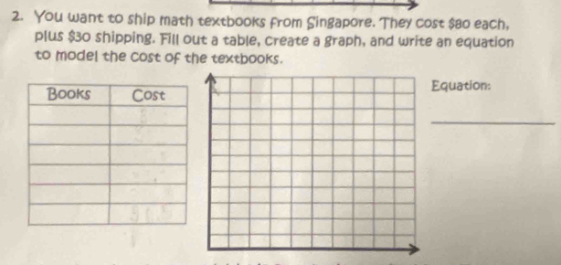 You want to ship math textbooks from Singapore. They cost $8o each, 
plus $30 shipping. Fill out a table, create a graph, and write an equation 
to model the cost of the textbooks. 
Equation: 
_