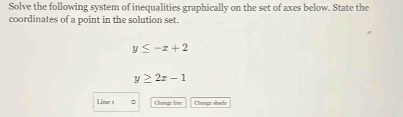 Solve the following system of inequalities graphically on the set of axes below. State the
coordinates of a point in the solution set.
y≤ -x+2
y≥ 2x-1
Line 1 Change line Change shade