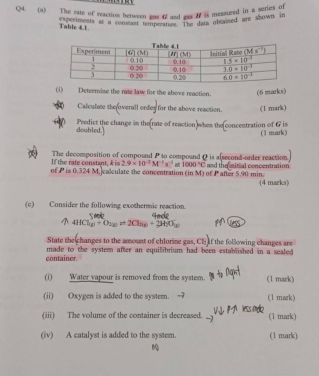 The rate of reaction between gas 6 and gas H is measured in a series of
experiments at a constant temperature. The data obtained are shown in
Table 4.1.
(i) Determine the rate law for the above reaction. (6 marks)
Calculate the overall order for the above reaction. (1 mark)
Predict the change in the rate of reaction when the concentration of G is
doubled.)
(1 mark)
The decomposition of compound P to compound Q is a(second-order reaction.
If the rate constant, k is 2.9* 10^(-2)M^(-1)s^(-1) at 1000°C and the initial concentration
of P is 0.324 M, calculate the concentration (in M) of P after 5.90 min.
(4 marks)
(c) Consider the following exothermic reaction.
 4HCl_(g)+O_2(g)leftharpoons 2Cl_2(g)+2H_2O_(g)
State the changes to the amount of chlorine gas, Cl₂ if the following changes are
made to the system after an equilibrium had been established in a sealed
container.
(i) Water vapour is removed from the system. (1 mark)
(ii) Oxygen is added to the system. (1 mark)
(iii) The volume of the container is decreased. (1 mark)
(iv) A catalyst is added to the system. (1 mark)