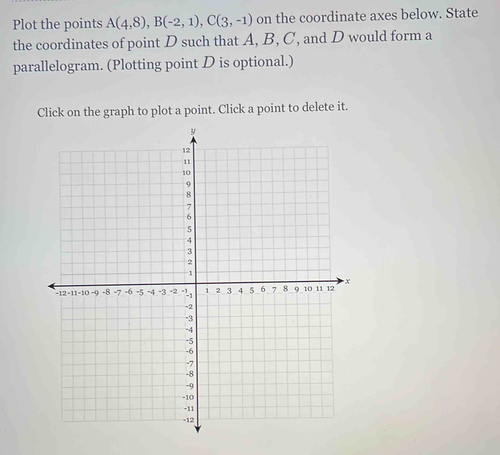 Plot the points A(4,8), B(-2,1), C(3,-1) on the coordinate axes below. State 
the coordinates of point D such that A, B, C, and D would form a 
parallelogram. (Plotting point D is optional.) 
Click on the graph to plot a point. Click a point to delete it.