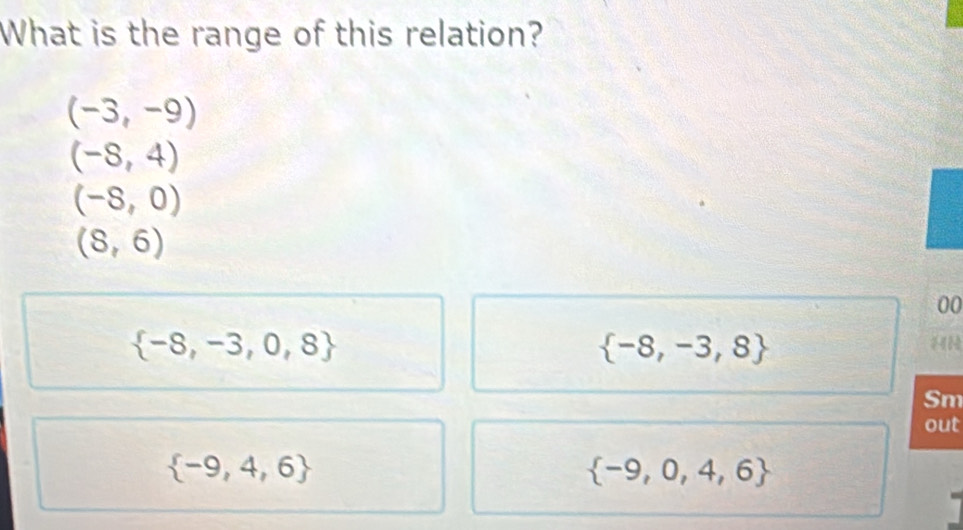 What is the range of this relation?
(-3,-9)
(-8,4)
(-S,0)
(8,6)
00
 -8,-3,0,8
 -8,-3,8
Sm
out
 -9,4,6
 -9,0,4,6