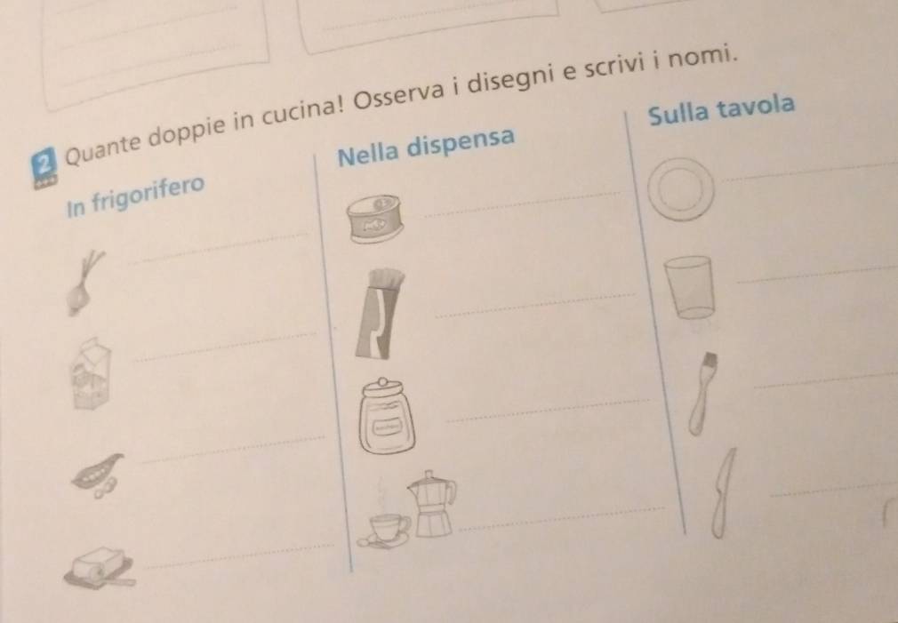 Quante doppie in cucina! Osserva i disegni e scrivi i nomi._ 
Sulla tavola 
Nella dispensa 
In frigorifero 
_ 
_ 
_ 
_ 
_ 
_ 
_ 
_ 
_ 
_ 
_