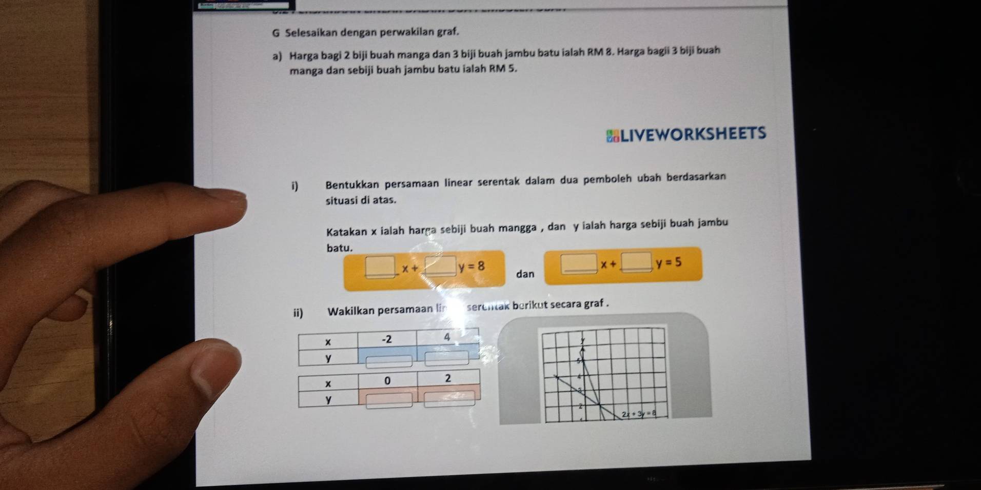 Selesaikan dengan perwakilan graf. 
a) Harga bagi 2 biji buah manga dan 3 biji buah jambu batu ialah RM 8. Harga bagii 3 biji buah 
manga dan sebiji buah jambu batu ialah RM 5. 
LIVEWORKSHEETS 
i) Bentukkan persamaan linear serentak dalam dua pemboleh ubah berdasarkan 
situasi di atas. 
Katakan x ialah harga sebiji buah mangga , dan y ialah harga sebiji buah jambu 
batu.
□ x+□ y=8 dan
□ x+□ y=5
ii) Wakilkan persamaan li serentak berikut secara graf . 
× 0 2
y