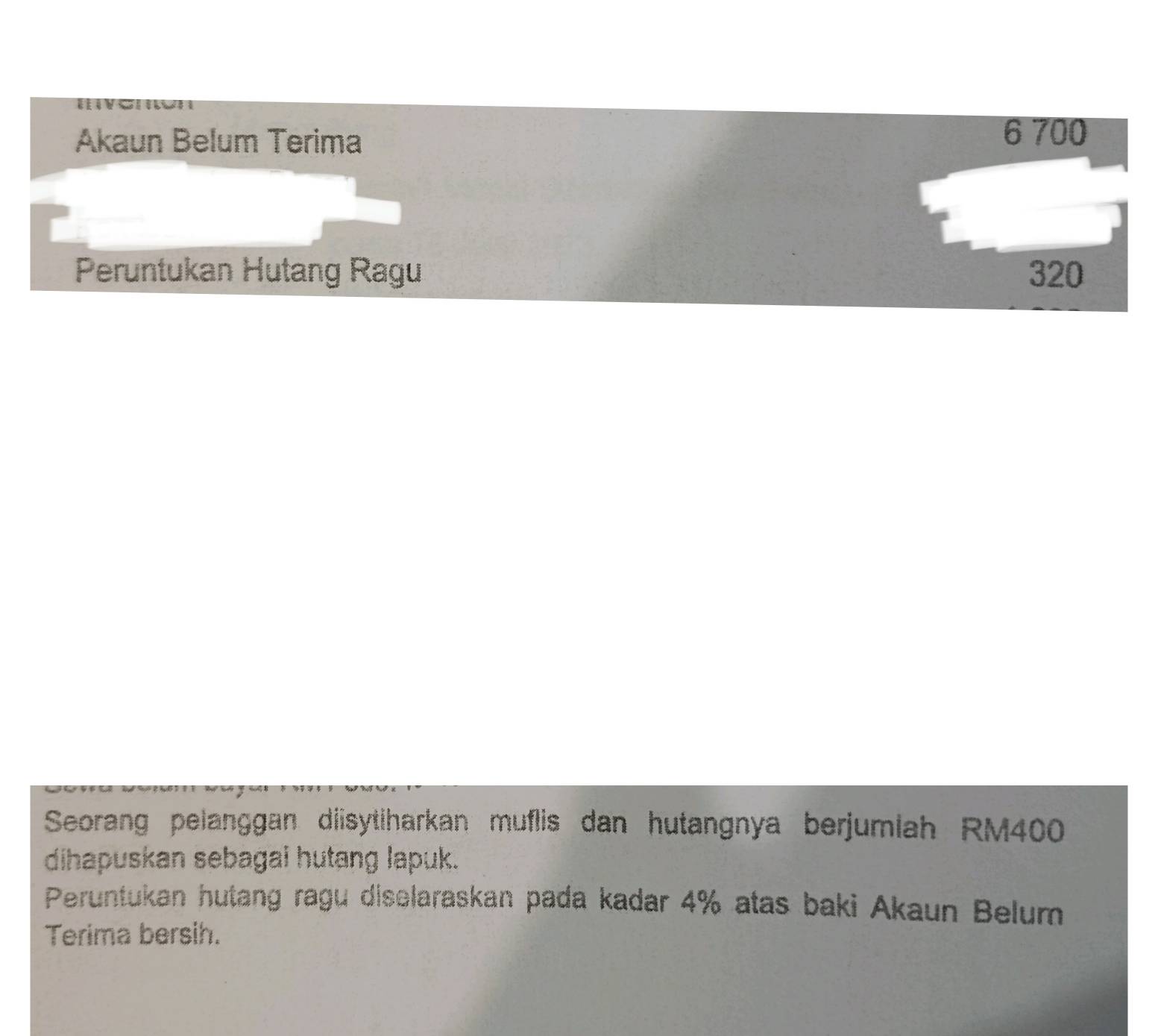 Akaun Belum Terima
6 700
Peruntukan Hutang Ragu 320
Seorang pelanggan diisytiharkan muflis dan hutangnya berjumiah RM400
dihapuskan sebagai hutang lapuk.
Peruntukan hutang ragu disclaraskan pada kadar 4% atas baki Akaun Belum
Terima bersih.