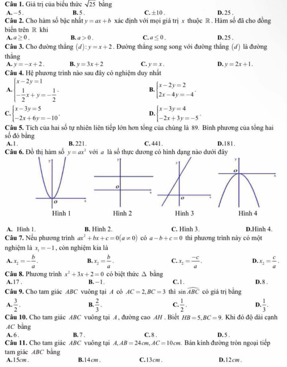 Giá trị của biểu thức sqrt(25) bằng
A. - 5 . B. 5 . C. ±10 . D. 25 .
Câu 2. Cho hàm số bậc nhất y=ax+b xác định với mọi giá trị x thuộc R . Hàm số đã cho đồng
biến trên R khi
A. a≥ 0. B. a>0. C. a≤ 0. D. 25 .
Câu 3. Cho đường thắng (d):y=x+2. Đường thắng song song với đường thẳng (d) là đường
thẳng
A. y=-x+2. B. y=3x+2 C. y=x. D. y=2x+1.
Câu 4. Hệ phương trình nào sau đây có nghiệm duy nhất
A. beginarrayl x-2y=1 - 1/2 x+y=- 1/2 endarray. . beginarrayl x-2y=2 2x-4y=-4endarray. .
B.
C. beginarrayl x-3y=5 -2x+6y=-10endarray. . beginarrayl x-3y=4 -2x+3y=-5endarray.
D.
Câu 5. Tích của hai số tự nhiên liên tiếp lớn hơn tổng của chúng là 89. Bình phương của tổng hai
số đó bằng
A. 1 . B. 221. C. 441 . D.181.
Câu 6. Đồ thị hàm số y=ax^2 với a là số thực dương có hình dạng nào dưới đây
Hình 3
A. Hình 1. B. Hình 2. C. Hình 3. D.Hình 4.
Câu 7. Nếu phương trình ax^2+bx+c=0(a!= 0) có a-b+c=0 thì phương trình này có một
nghiệm là x_1=-1 , còn nghiệm kia là
A. x_2=- b/a . x_2= b/a . x_2= (-c)/a . x_2= c/a .
B.
C.
D.
Câu 8. Phương trình x^2+3x+2=0 có biệt thức △ b ằng
A.17 . B. − 1 . C.1. D. 8 .
Câu 9. Cho tam giác ABC vuông tại A có AC=2,BC=3 thì sin widehat ABC có giá trị bằng
A.  3/2 .  2/3 .  1/2 .  1/3 .
B.
C.
D.
Câu 10. Cho tam giác ABC vuông tại A, đường cao AH . Biết HB=5,BC=9. Khi đó độ dài cạnh
AC bằng
A. 6 . B. 7 . C. 8 . D. 5 .
Câu 11. Cho tam giác ABC vuông tại A,AB=24cm,AC=10cm.  Bán kính đường tròn ngoại tiếp
tam giác ABC bằng
A.15cm . B.14 cm . C.13cm . D. 12 cm .