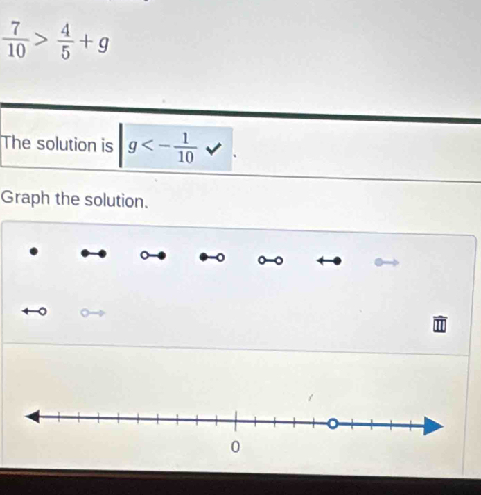  7/10 > 4/5 +g
The solution is g<- 1/10 
Graph the solution. 
。