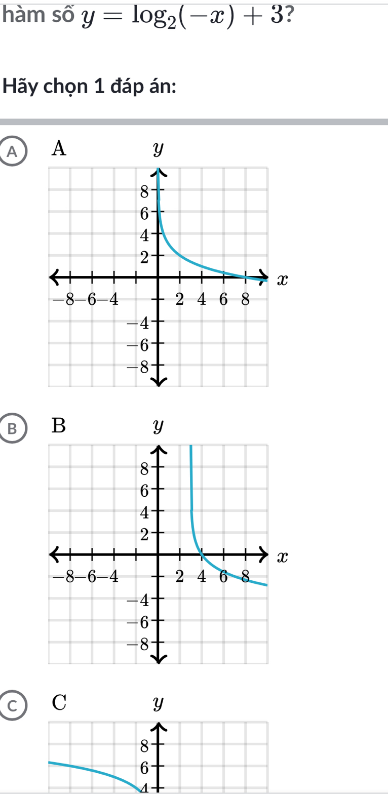 hàm số y=log _2(-x)+3 ?
Hãy chọn 1 đáp án:
A
B
c