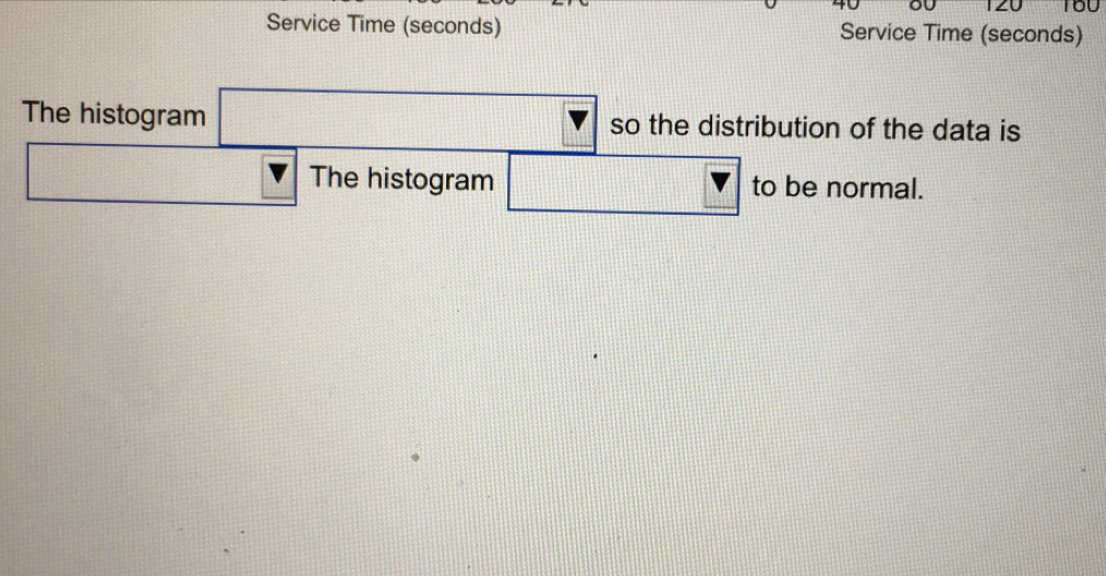 TZU TOU 
Service Time (seconds) Service Time (seconds) 
The histogram _  so the distribution of the data is 
The histogram □ F f(1)+(1)+(2)+f(1) 13° to be normal.