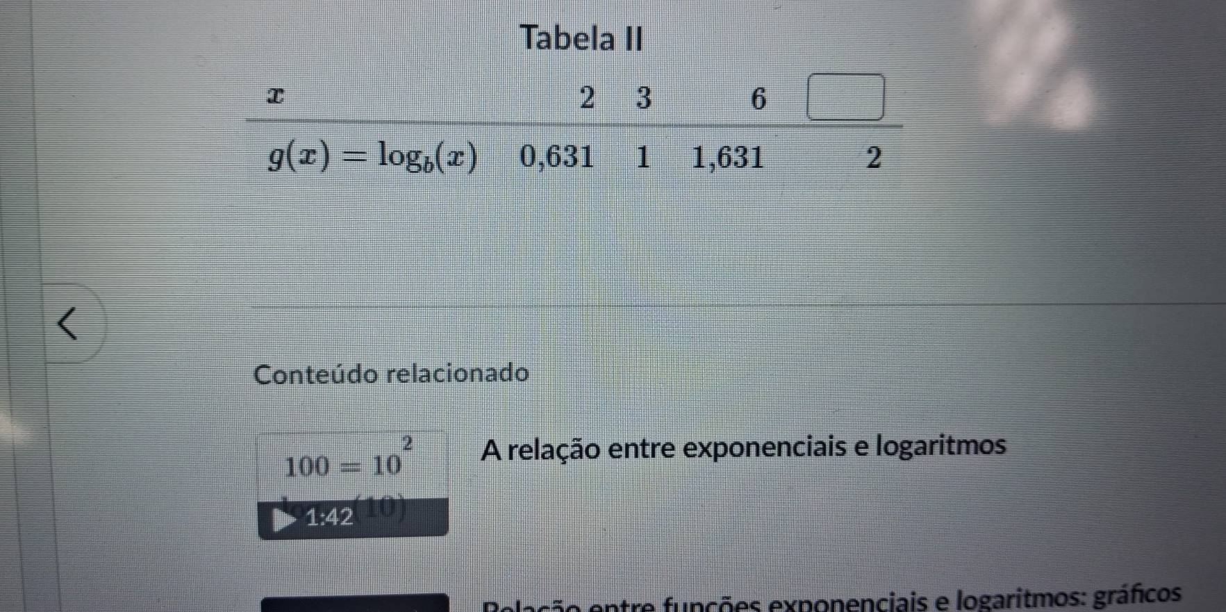 Tabela II
Conteúdo relacionado
100=10^2 A relação entre exponenciais e logaritmos
1:42
atre funções exponenciais e logaritmos: gráficos