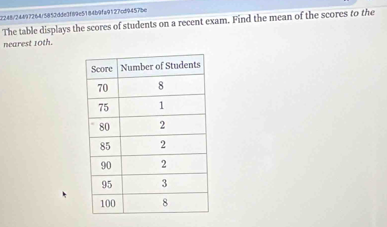 2248/24497264/5852dde3f89e5184b9fa9127cd9457be 
The table displays the scores of students on a recent exam. Find the mean of the scores to the 
nearest 10th.