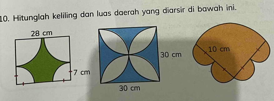 Hitunglah keliling dan luas daerah yang diarsir di bawah ini.