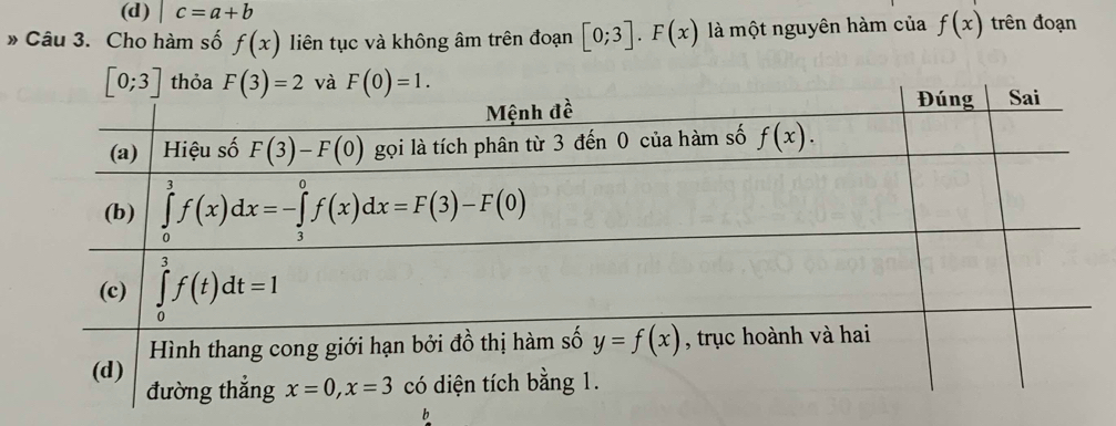 (d) c=a+b
» Câu 3. Cho hàm số f(x) liên tục và không âm trên đoạn [0;3].F(x) là một nguyên hàm của f(x) trên đoạn
b