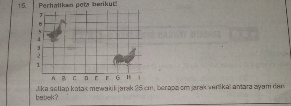 Perhatikan peta berikut!
7
6
5
4
3
2
1
A B C D E F G H 1
Jika setiap kotak mewakili jarak 25 cm, berapa cm jarak vertikal antara ayam dan 
bebek?