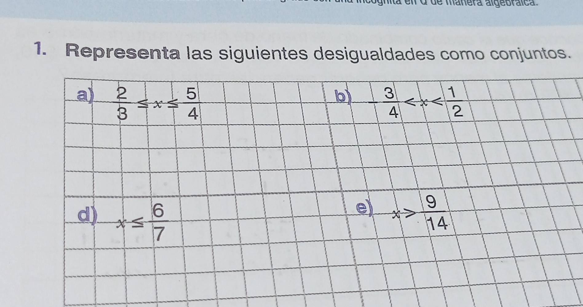 id de manera algebraica. 
1. Representa las siguientes desigualdades como conjuntos. 
a)  2/3 ≤ x≤  5/4 
b  3/4 
d) x≤  6/7 
e) xto  9/14 