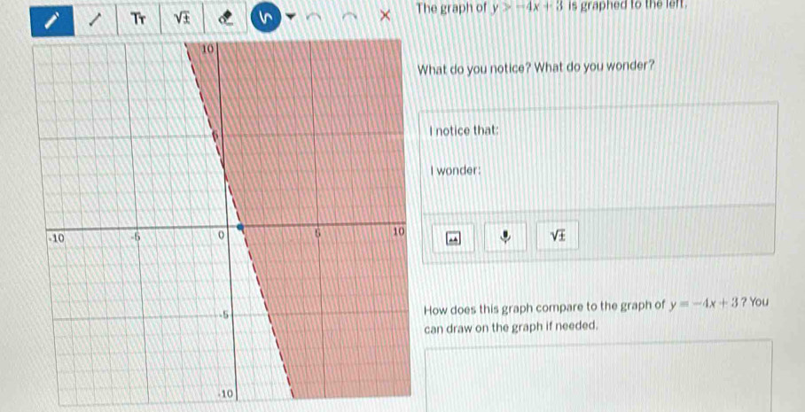 Tr sqrt(± ) The graph of y>-4x+3 is graphed to the left. 
hat do you notice? What do you wonder? 
I notice that: 
I wonder:
sqrt(± )
How does this graph compare to the graph of y=-4x+3 ? You 
can draw on the graph if needed.
-10