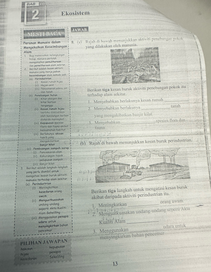 BAB
2 Ekosistem
JAWAB
MESTI BACA
Peranan Manusia dalam 8. (a)  Rajah  di hawah menunjukkan aktiviti penehan a  k 
Mengekalkan Keseimbangan yang dilaku oleh manusia.
Alam
1. Bagi meneruskan kelangsungan
hidup, manusia perlulah
mengamalkan pemuliharaan
dan pemeliharaan alam sekitar
2. Berikut adalah kesan aktiviti
manusia yang menjejaskan
keseimbangan alam semula jadi
(a) Perindustrian
(i) Kesan rumah hijou
(ii) Hujan asid
(iii) Pencemaran udara, air Berikan tiga kesan buruk aktiviti penebangan pokok itu
dan tanah
(b) Penebangan hutan terhadap alam sekitar.
(i) Kitar oksigen dan
kitar karbon 1. Menyebabkan berlakunya kesan rumah_
terganggu
(ii) Kesan rumah hijau 2. Menyebabkan berlakunya _tanah
berlaku disebabkan
oleh kandungan karbon
dioksida meningkat yang mengakibatkan banjir kilat
(iii) Kepupusan spesies 3. Menyebabkan _spesies flora dan
flora dan fauna akibat
kemusnahan habitat fauna
(iv) Berlakunya akisan
tanch yang
mengakibatkan (b) Rajah di bawah menunjukkan kesan buruk perindustrian.
banjir kilat
(c) Pembuangan sampah sarap
(i) Pencemaran alam
(ii) Kekurangan tapak
pelupusan sampah
(iii) Banjir kilat
3. Berikut adalah langkah-langkah
yang perlu diambil untuk
mengatasi kesan buruk aktiviti
manusia terhadap alam sekitar.
(a) Perindustrian
(i) Meningkatkan
kesedaran orang Berikan tiga langkah untuk mengatasi kesan buruk
awcm
(ii) Menguatkuasakan akibat daripada aktiviti perindustrian itu.
undang-undang
seperti Akta Kualiti 1. Meningkatkan _orang awam
Alam Sekeliling
(iii) Menggunakan penapis 2. Menguatkuasakan undang-undang seperti Akta
udara untuk
menyingkirkan bahan Kualiti Alam_
pencemar
3. Menggunakan _udara untuk
PILIHAN JAWAPAN menyingkirkan bahan pencemar
hakisan kepupusan
hijau penapis
kesedaran Sekeliling
13