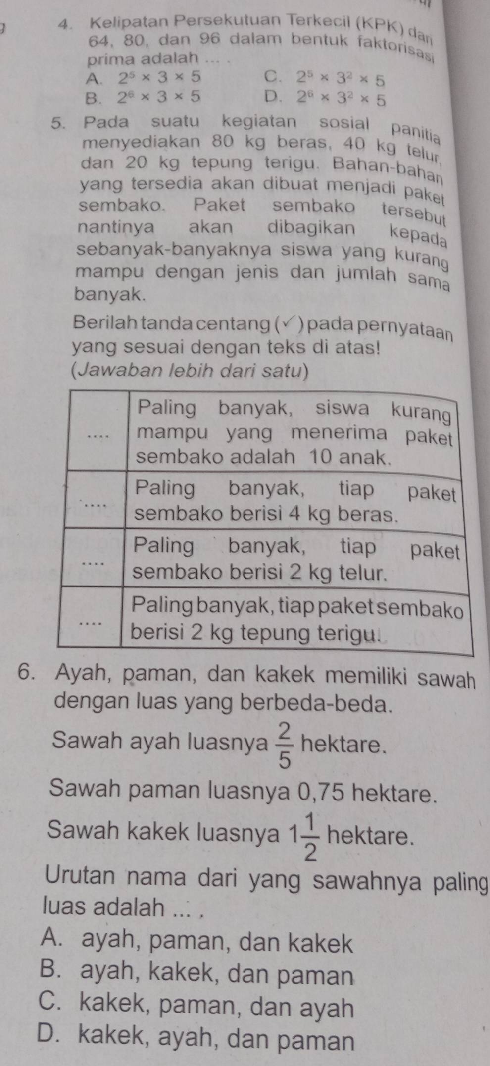 Kelipatan Persekutuan Terkecil (KPK) dar
64, 80, dan 96 dalam bentuk faktorisasi
prima adalah ... .
A. 2^5* 3* 5 C. 2^5* 3^2* 5
B. 2^6* 3* 5 D. 2^6* 3^2* 5
5. Pada suatu kegiatan sosial panitia
menyediakan 80 kg beras, 40 kg telur,
dan 20 kg tepung terigu. Bahan-bahan
yang tersedia akan dibuat menjadi paket .
sembako. Paket sembako tersebut
nantinya akan dibagikan kepada
sebanyak-banyaknya siswa yang kurang
mampu dengan jenis dan jumlah sama
banyak.
Berilah tanda centang (√) pada pernyataan
yang sesuai dengan teks di atas!
(Jawaban lebih dari satu)
6. Ayah, paman, dan kakek memiliki sawah
dengan luas yang berbeda-beda.
Sawah ayah luasnya  2/5  hektare.
Sawah paman luasnya 0,75 hektare.
Sawah kakek luasnya 1 1/2  hektare.
Urutan nama dari yang sawahnya paling
luas adalah ... .
A. ayah, paman, dan kakek
B. ayah, kakek, dan paman
C. kakek, paman, dan ayah
D. kakek, ayah, dan paman