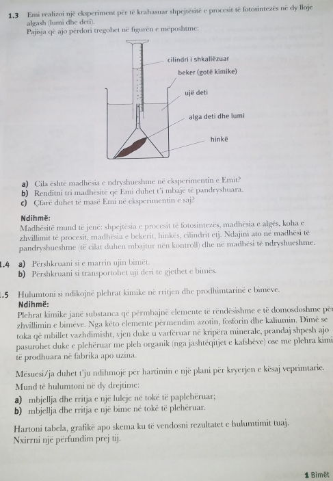 1.3 Emi realizoi një eksperiment për të krahasuar shpejtësitë e procesit të fotosintezës në dy lloje
algash (lumi dhe deti).
Pajisja që ajo përdori tregohet në figurën e mëposhtme:
a) Cila është madhësia e ndryshueshme në eksperimentin e Emit?
b) Renditni tri madhësitë që Emi duhet t'i mbajë të pandryshuara.
c Cfarë duhet të masë Emi në eksperimentin e saj?
Ndihmë:
Madhësitë mund të jenë: shpejtësia e procesit të fotosintezës, madhësia e algës, koha e
zhvillimit të procesit, madhësia e bekerit, hinkës, cilindrit etj. Ndajini ato në madhësi të
pandryshueshme (të cilat duhen mbajtur nën kontroll) dhe në madhësi të ndryshueshme.
1.4 a) Përshkruani si e marrin ujin bimët.
b) Pershkruani si transportohet uji deri te gjethet e bimes.
1.5 Hulumtoni si ndikojnë plehrat kimike në rritjen dhe prodhimtarinë e bimëve.
Ndihmë:
Plehrat kimike janë substanca që përmbajnë elemente të rëndësishme e të domosdoshme për
zhvillimin e bimëve. Nga këto elemente përmendim azotin, fosforin dhe kaliumin. Dimë se
toka që mbillet vazhdimisht, vjen duke u varfëruar në kripëra minerale, prandaj shpesh ajo
pasurohet duke e plchëruar me pleh organik (nga jashtëqitjet e kafshëve) ose me plehra kimi
të prodhuara në fabrika apo uzina.
Mësuesi/ja duhet t’ju ndihmojë për hartimin e një plani për kryerjen e kësaj veprimtarie.
Mund të hulumtoni në dy drejtime:
a) mbjellja dhe rritja e një luleje në tokë të paplehëruar;
b) mbjellja dhe rritja e një bime në tokë të plehëruar.
Hartoni tabela, grafikë apo skema ku të vendosni rezultatet e hulumtimit tuaj.
Nxirrni një përfundim prej tij.
1 Bimët