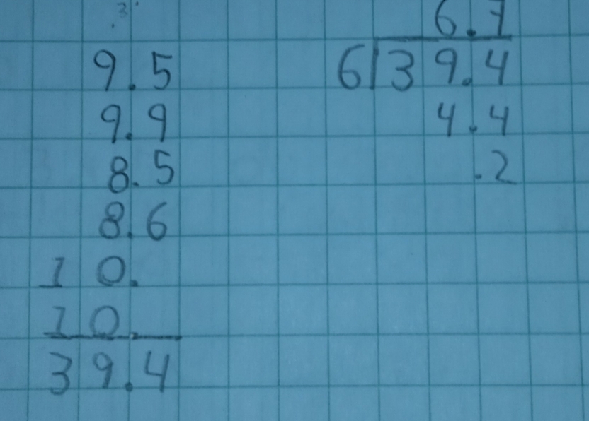 7.5 
1
beginarrayr 4.9 8.5 8.0 hline 8.6200.0 hline 3.9.61endarray
beginarrayr 6.7 6encloselongdiv 39.4 4.4 .2endarray