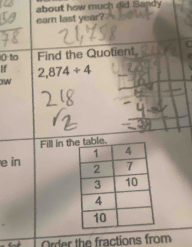 about how much did Sandy 
earn last year? 
0 to Find the Quotient 
if
2,874/ 4
OW 
Fill in th 
e in 
Order the fractions from