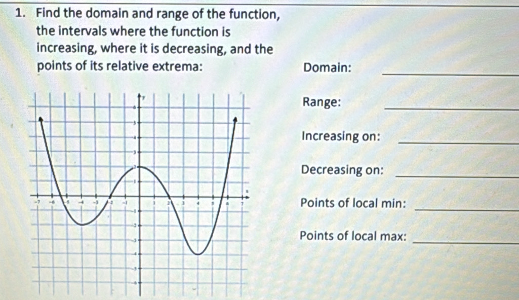 Find the domain and range of the function, 
_ 
the intervals where the function is 
increasing, where it is decreasing, and the 
points of its relative extrema: Domain: 
_ 
Range: 
_ 
Increasing on:_ 
Decreasing on:_ 
Points of local min:_ 
_ 
Points of local max: