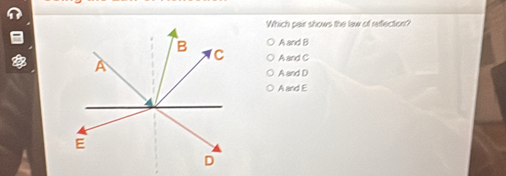 Which pair shows the law of reffection?
AandB
AandC
AandD
AandE