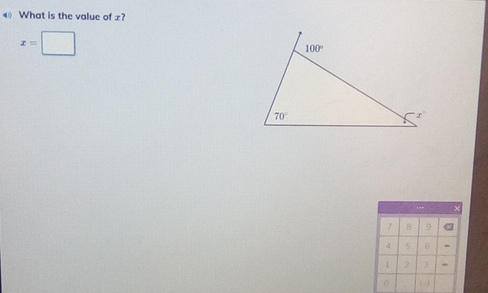 What is the value of x?
x=□
q ×
7 8 9
4 5 6
1 2 3 w
0 ( )