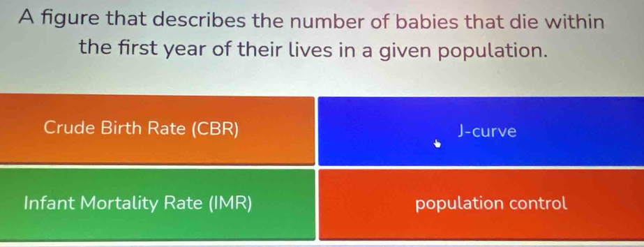 A figure that describes the number of babies that die within 
the first year of their lives in a given population. 
Crude Birth Rate (CBR) J-curve 
Infant Mortality Rate (IMR) population control