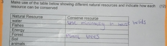 Make use of the table below showing different natural resources and indicate how each (12) 
resource can be conserved