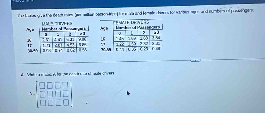 The tables give the death rates (per million person-trips) for male and female drivers for various ages and numbers of passengers.
A. Write a matrix A for the death rate of male drivers.
A=beginbmatrix □ &□ &□ &□  □ &□ &□ &□  □ &□ &□ &□ endbmatrix