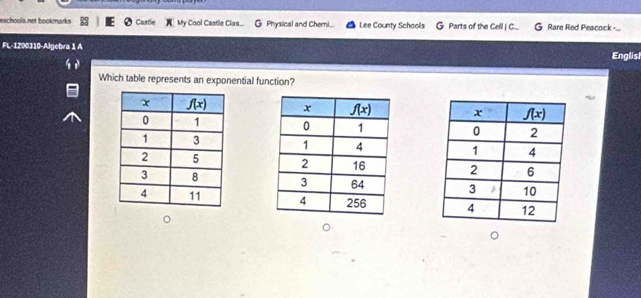 eschools net bookmarks Castle My Cool Castle Clas... G Physical and Chemi... Lee County Schools Parts of the Cell | C... Rare Red Peacock -...
FL-1200310-Algebra 1 A Englisl
Which table represents an exponential function?