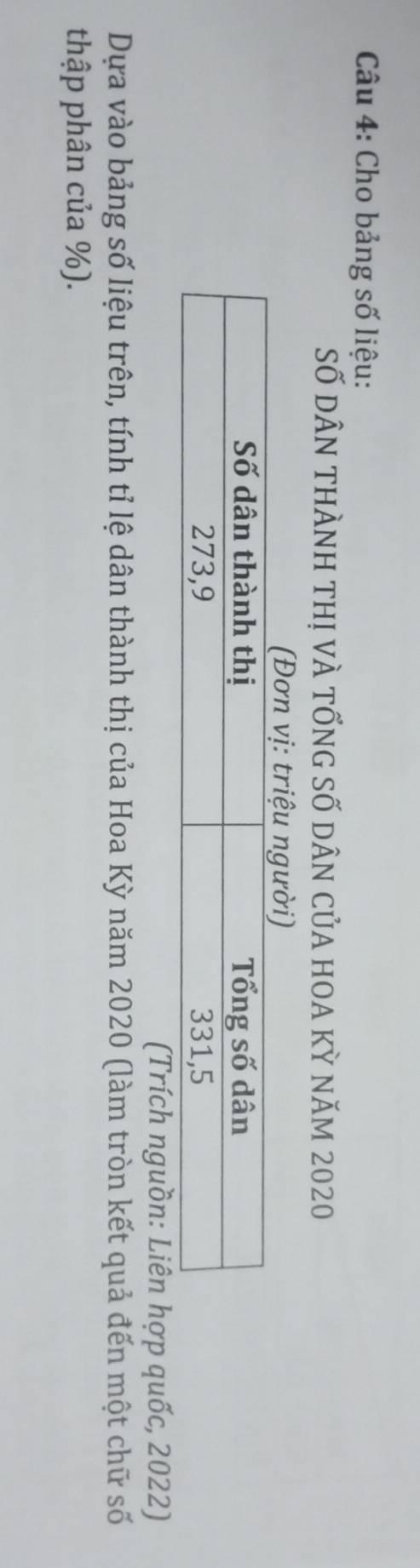 Cho bảng số liệu: 
Số dân thÀnh thị vÀ tỐng số dân của hoa kỳ năm 2020
(Đơ 
(Trích nguồn: Liên hợp quốc, 2022) 
Dựa vào bảng số liệu trên, tính tỉ lệ dân thành thị của Hoa Kỳ năm 2020 (làm tròn kết quả đến một chữ số 
thập phân của %).