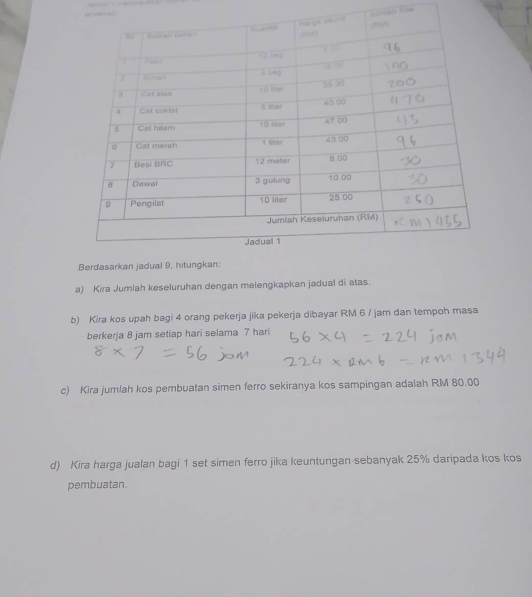 Junta)( Koa 
a) Kira Jumlah keseluruhan dengan melengkapkan jadual di atas. 
b) Kira kos upah bagi 4 orang pekerja jika pekerja dibayar RM 6 / jam dan tempoh masa 
berkerja 8 jam setiap hari selama 7 hari 
c) Kira jumlah kos pembuatan simen ferro sekiranya kos sampingan adalah RM 80.00
d) Kira harga jualan bagi 1 set simen ferro jika keuntungan sebanyak 25% daripada kos kos 
pembuatan.