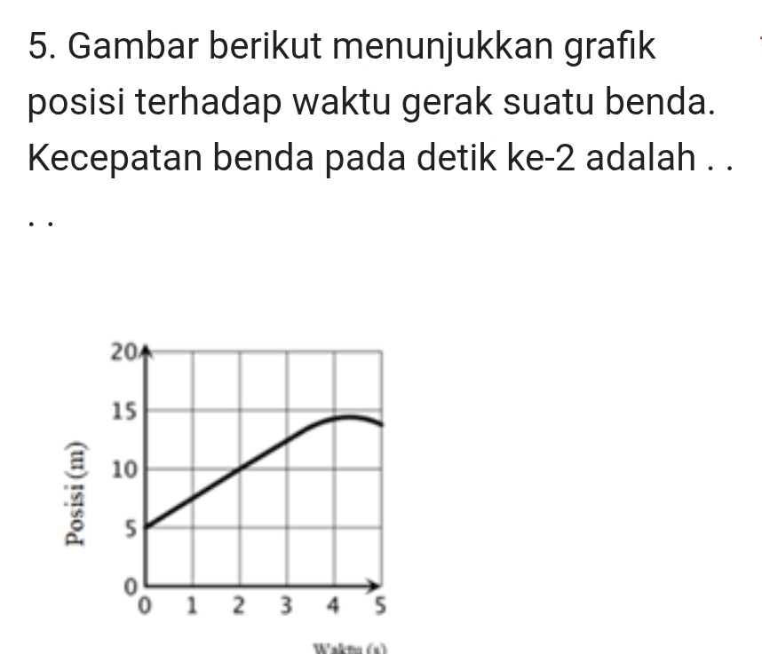 Gambar berikut menunjukkan grafik 
posisi terhadap waktu gerak suatu benda. 
Kecepatan benda pada detik ke -2 adalah . . 
·· 
Walt (s)