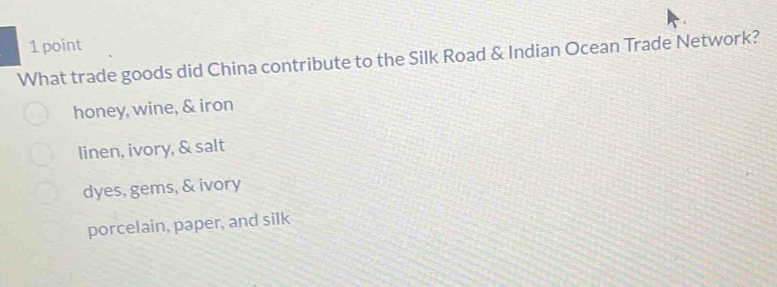 What trade goods did China contribute to the Silk Road & Indian Ocean Trade Network?
honey, wine, & iron
linen, ivory, & salt
dyes, gems, & ivory
porcelain, paper, and silk