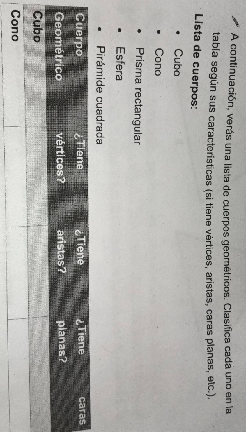 A continuación, verás una lista de cuerpos geométricos. Clasifica cada uno en la 
tabla según sus características (si tiene vértices, aristas, caras planas, etc.). 
Lista de cuerpos: 
Cubo 
Cono 
Prisma rectangular 
Esfera 
Pirámide cuadrada