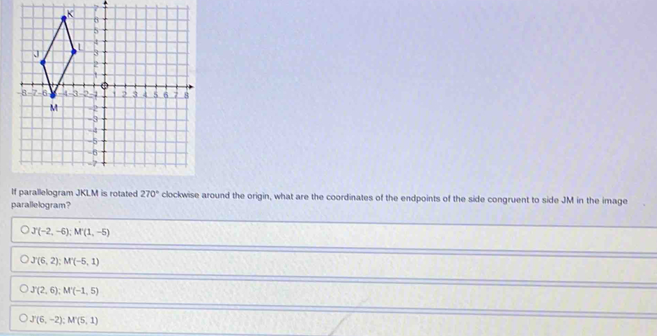 If parallelogram JKLM is rotated 270° clockwise around the origin, what are the coordinates of the endpoints of the side congruent to side JM in the image
parallelogram?
J'(-2,-6); M'(1,-5)
J'(6,2); M'(-5,1)
J'(2,6); M'(-1,5)
J'(6,-2); M'(5,1)