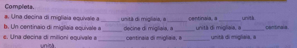 Completa. 
a. Una decina di migliaia equivale a _unità di migliaia, a _centinaia, a _unità. 
b. Un centinaio di migliaia equivale a _decine di migliaía, a _unità di migliaia, a _centinaia. 
c. Una decina di milioni equivale a_ centinaia di migliaia, a _unità di migliaia, a 
unità.