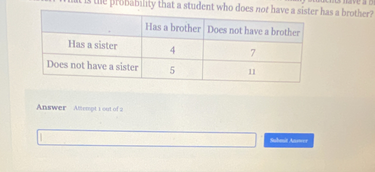 have a D 
is the probability that a student who dhas a brother? 
Answer Attempt 1 out of 2 
Submit Answer