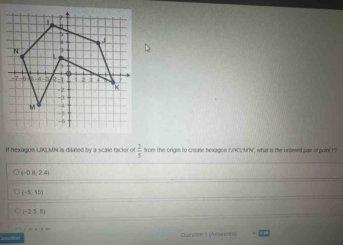 If hexagon IJKLMN is dilated by a scale factor of  2/5  from the origin to create hexagon I'J'K'L'M'N', what is the ordered pair of point I '?
(-0.8,2.4)
(-5,15)
(-2.5,5)
n=n(n)
Question Question 1 (Answered)