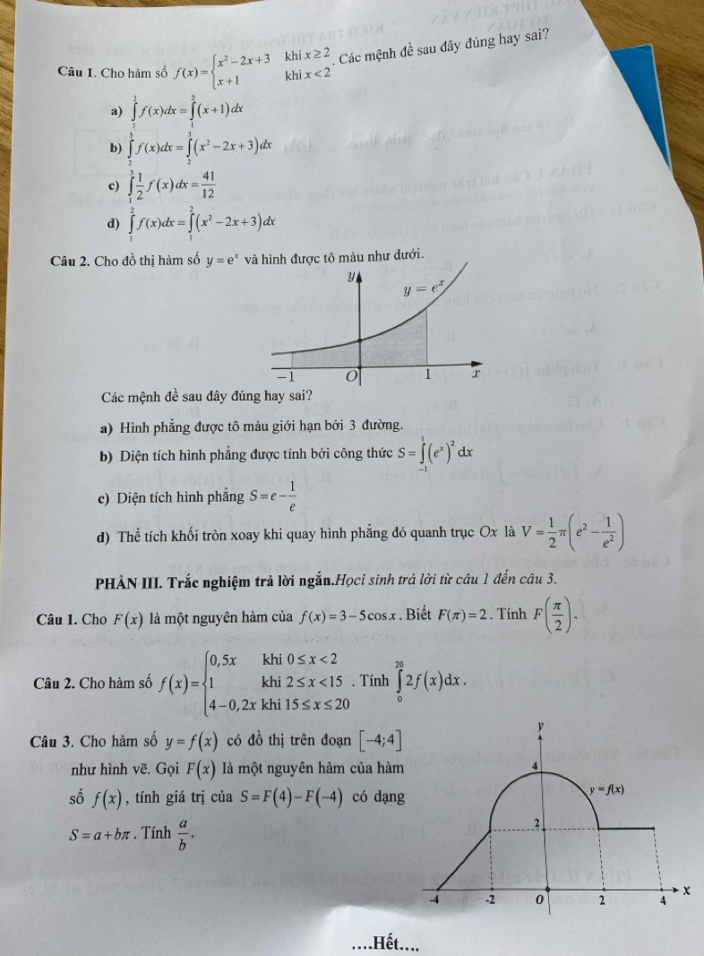 Cho hàm số f(x)=beginarrayl x^2-2x+3khix≥ 2 x+1khix<2endarray. Các mệnh đề sau đây đúng hay sai?
a) ∈tlimits _0f(x)dx=∈t^2(x+^2(x+1)dx
b) ∈tlimits _2^(1f(x)dx=∈tlimits _2^3(x^2)-2x+3)dx
c) ∈tlimits _1^(3frac 1)2f(x)dx= 41/12 
d) ∈tlimits _1^(2f(x)dx=∈tlimits _1^2(x^2)-2x+3)dx
Câu 2. Cho đồ thị hàm số y=e^x và hình được tô màu như dưới.
Các mệnh đề sau đây đúng hay sai?
a) Hình phẳng được tô màu giới hạn bởi 3 đường.
b) Diện tích hình phẳng được tính bởi công thức S=∈tlimits _(-1)^1(e^x)^2dx
c) Diện tích hình phẳng S=e- 1/e 
d) Thể tích khối tròn xoay khi quay hình phẳng đó quanh trục Ox là V= 1/2 π (e^2- 1/e^2 )
PHÀN III. Trắc nghiệm trả lời ngắn.Họcí sinh trả lời từ câu 1 đến câu 3.
Câu 1. Cho F(x) là một nguyên hàm của f(x)=3-5cos x. Biết F(π )=2. Tính F( π /2 ).
Câu 2. Cho hàm số f(x)=beginarrayl 0,5xkhi0≤ x<2 1khi2≤ x<15 4-0,2xkhi15≤ x≤ 20endarray.. Tính ∈tlimits _0^((20)2f(x)dx.
Câu 3. Cho hàm số y=f(x) có đồ thị trên đoạn [-4;4]
như hình vẽ. Gọi F(x) là một nguyên hàm của hàm
số f(x) , tính giá trị của S=F(4)-F(-4) có dạng
S=a+bπ. Tính frac a)b.
_.Hết....