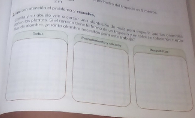 2 m
Derimetro del trapecio es 9 metros
Z L con atención el problema y resuelvo. 
Comilo y su abuelo van a cercar una plantación de maíz para impedir que los animales 
sos de alambre, ¿cuánto alambre necesitan para este trabajo añn las plantas. Sí el terreno tiene la forma de un trapecio y en total se colocarán cuatro 
Dotas 
Procedimiento y cóculos 
Respuestas